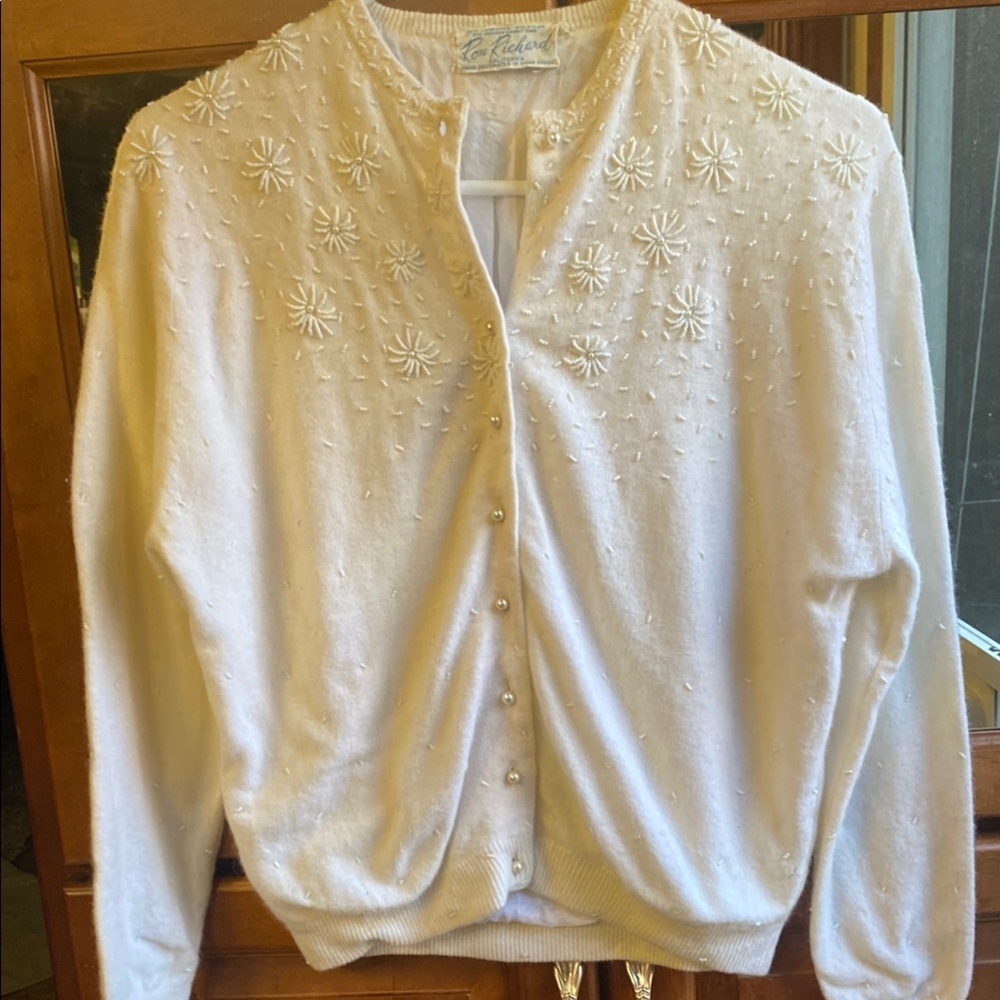Vintage Lambs Wool White Embellished Cardigan Sweater S/M Quiet Luxury